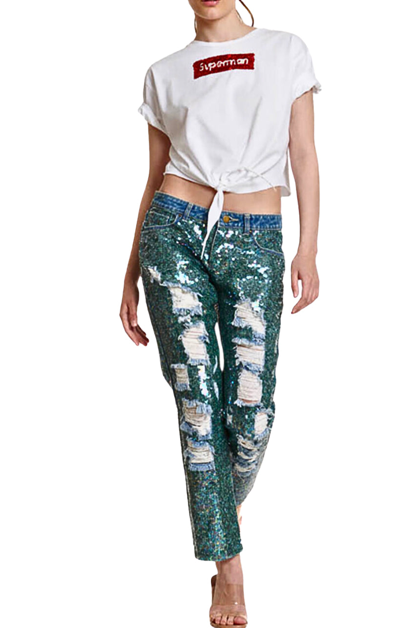 Embroidered Sequin Denim Pants Opal Green - Pre Order