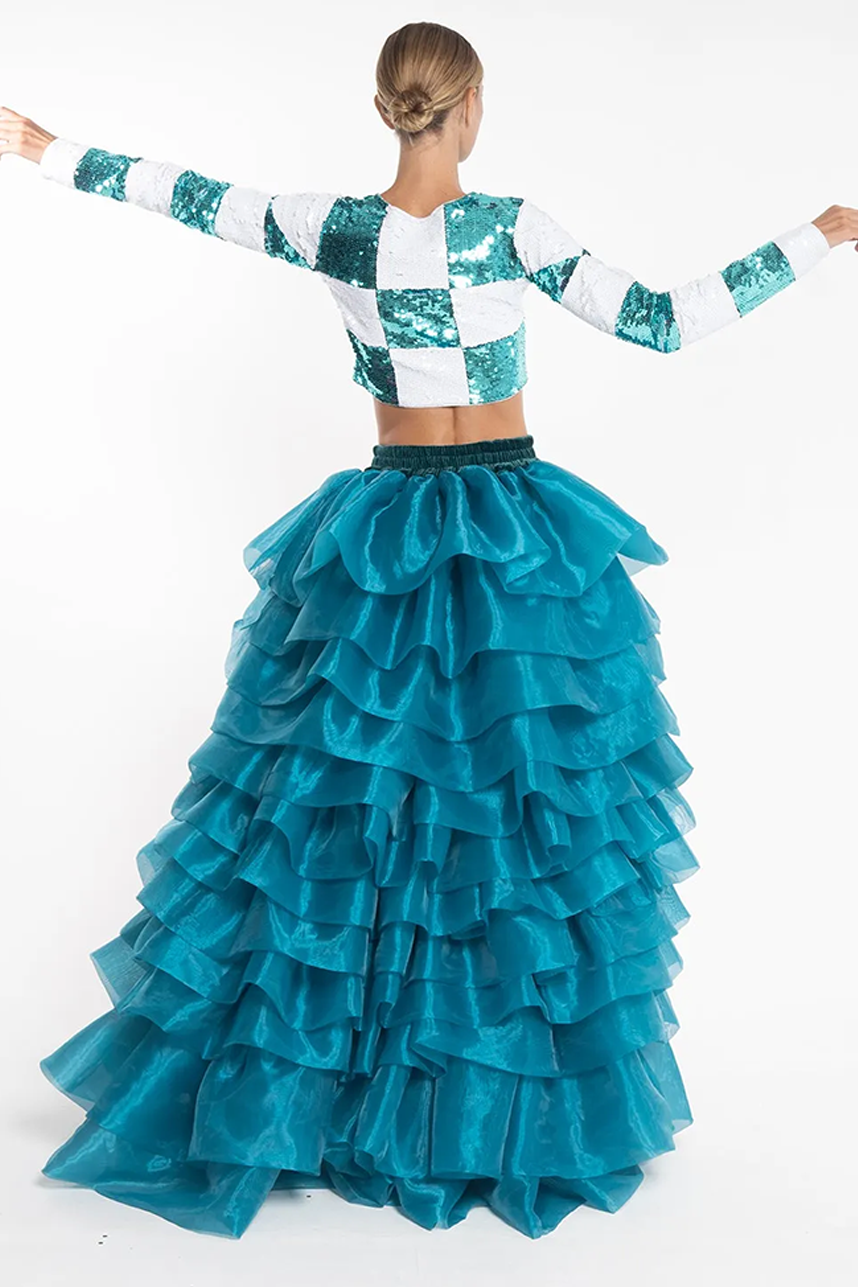 Turquoise Silk Organdy Hi Low Maxi Ruffle Skirt