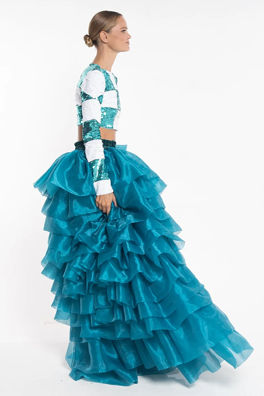 Turquoise Silk Organdy Hi Low Maxi Ruffle Skirt