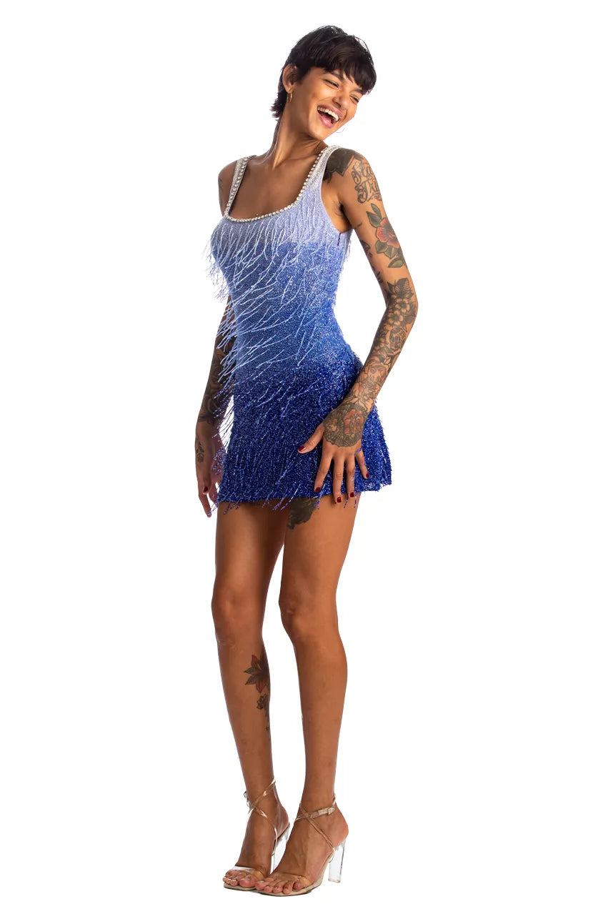 Beaded Fringe Gradation Mini Dress Blue | House of Mua Mua XS / Blue Beaded Fringe Gradation Mini Dress Blue | House of Mua Mua XS / Blue