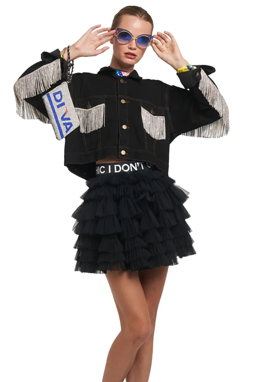 I Don'T Give A Chic Rhinestone Fringes Crop Denim Jacket