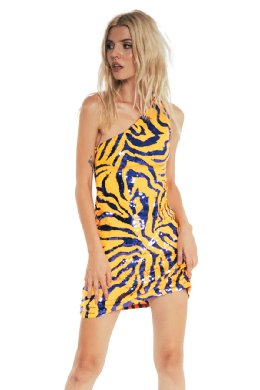 One Shoulder Tiger Sequin Mini Dress