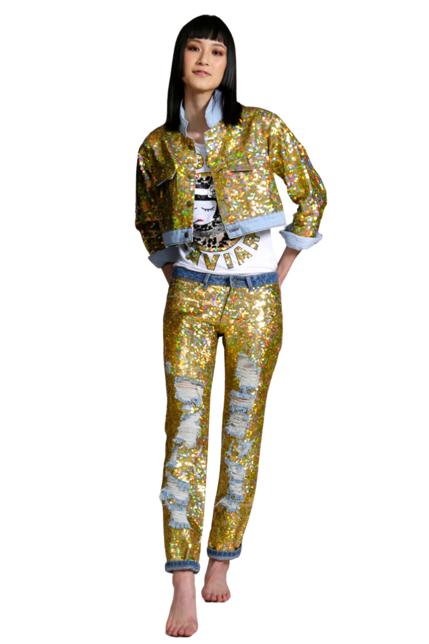 Embroidered Sequin Denim Pants Gold