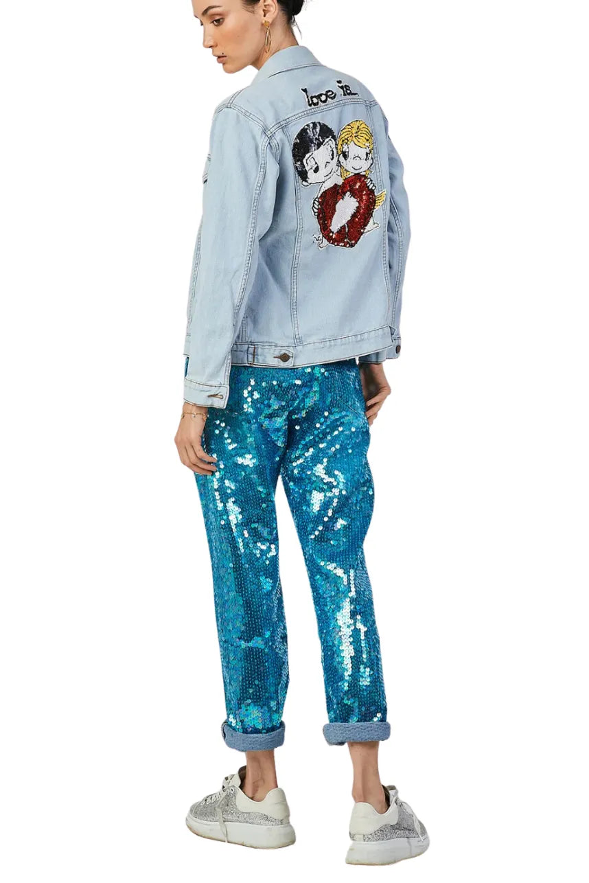 Embroidered Sequin Denim Pants Teal