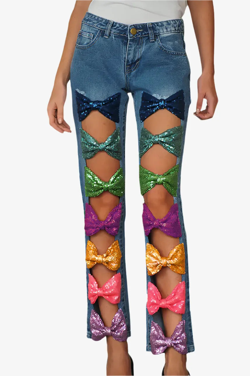 Rainbow Bow Ties Denim Pants