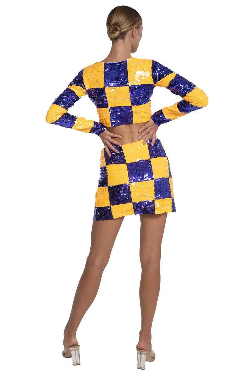 Checkered Sequin Mini Skirt in Purple and Yellow