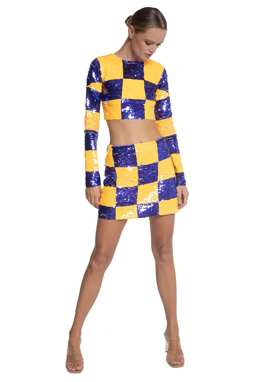 Checkered Sequin Crop Top in Purple and Yellow