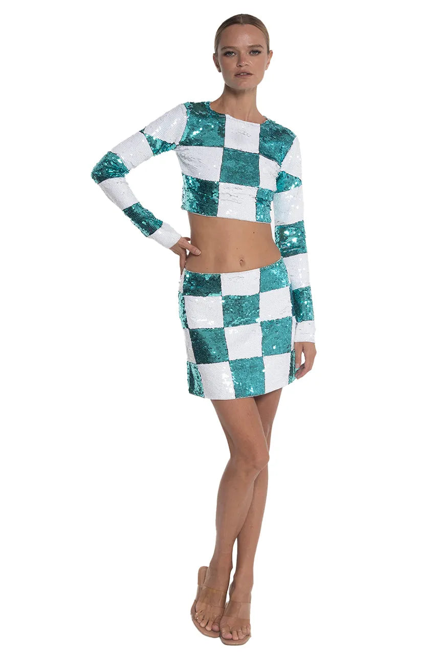 Checkered Sequin Crop Top in Turquoise and White