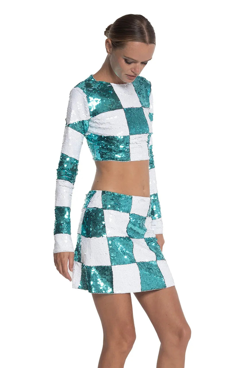 Checkered Sequin Crop Top in Turquoise and White