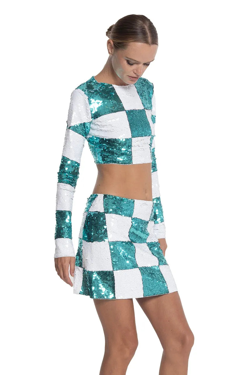 Checkered Sequin Mini Skirt in Turquoise and White