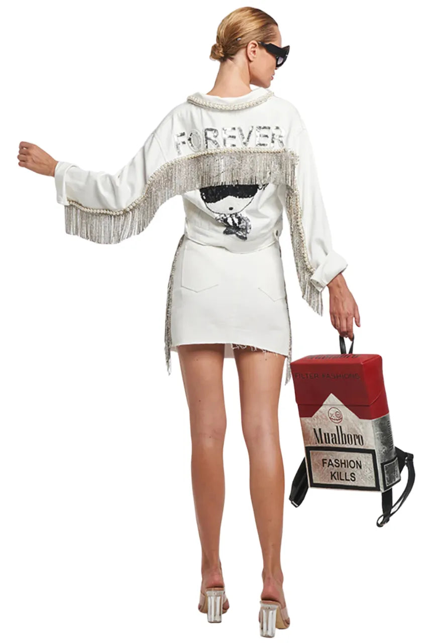 Forever Karl Rhinestone Fringes Crop Denim Jacket