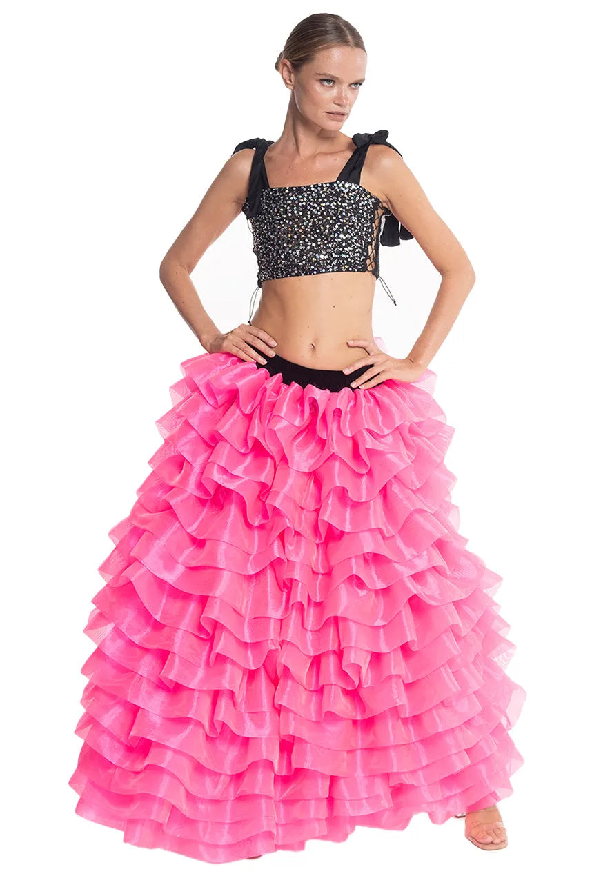 Fluorescent Pink Silk Organdy Hi Low Maxi Ruffle Skirt