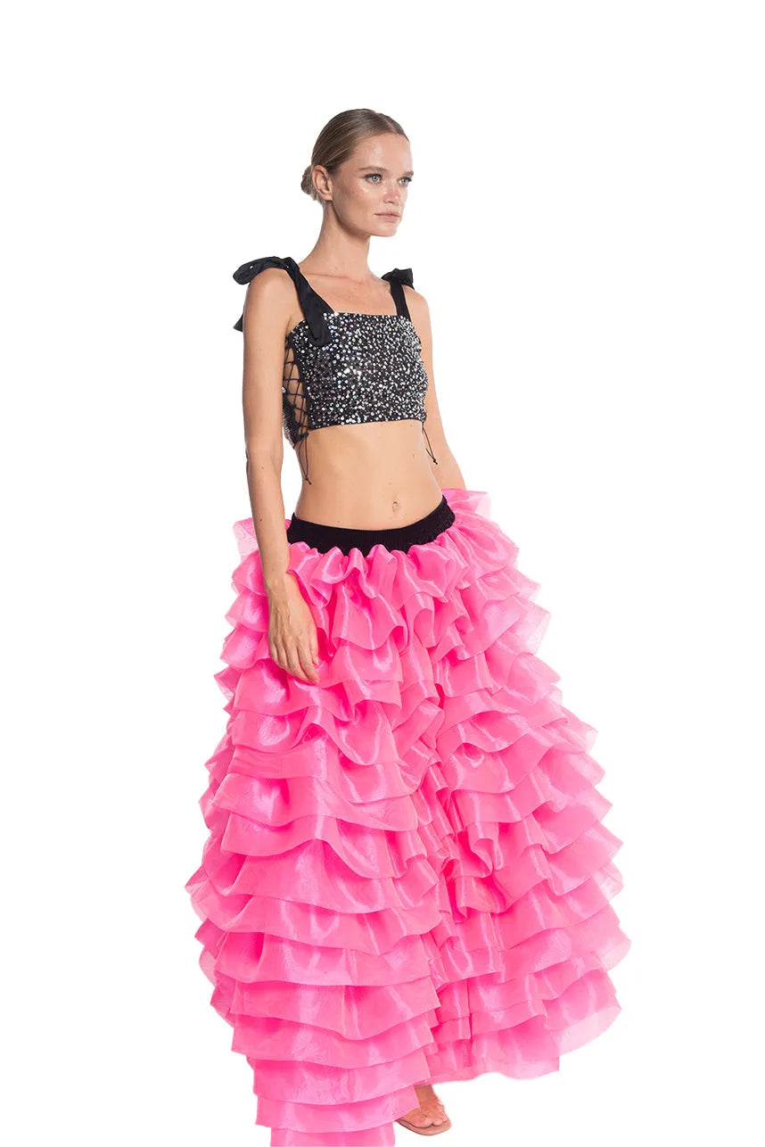 Fluorescent Pink Silk Organdy Hi Low Maxi Ruffle Skirt