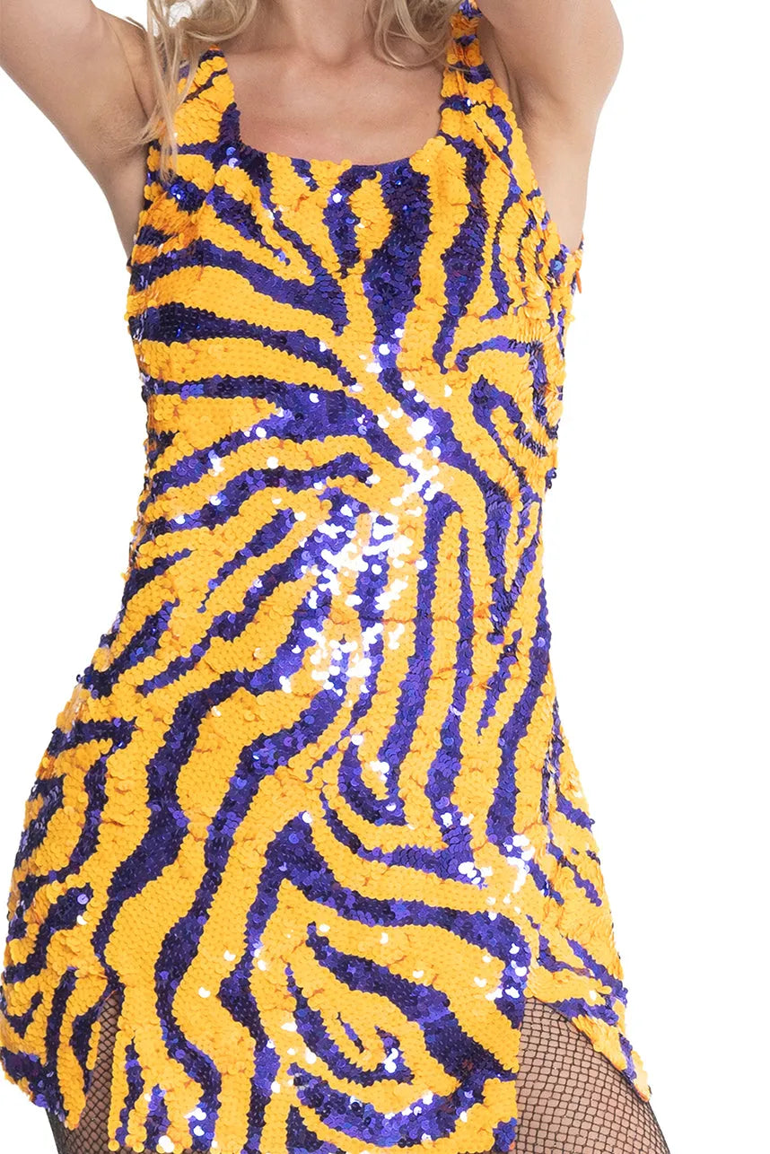 Tiger Sequin Mini Singlet Dress | House of Mua Mua S / Yellow and Purple Tiger Sequin Mini Singlet Dress | House of Mua Mua S / Yellow and Purple