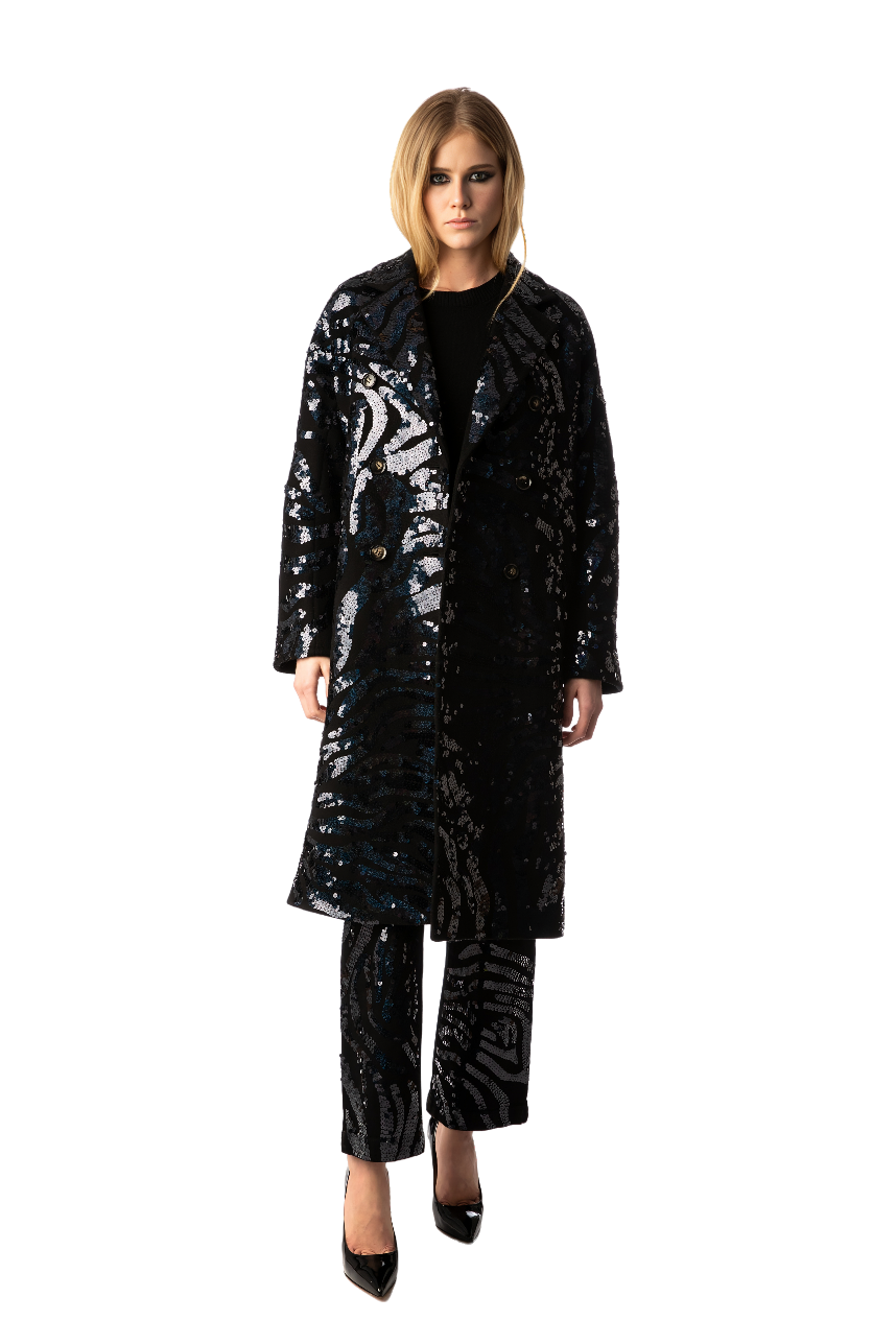 Indigo Sequin Zebra Wool Coat