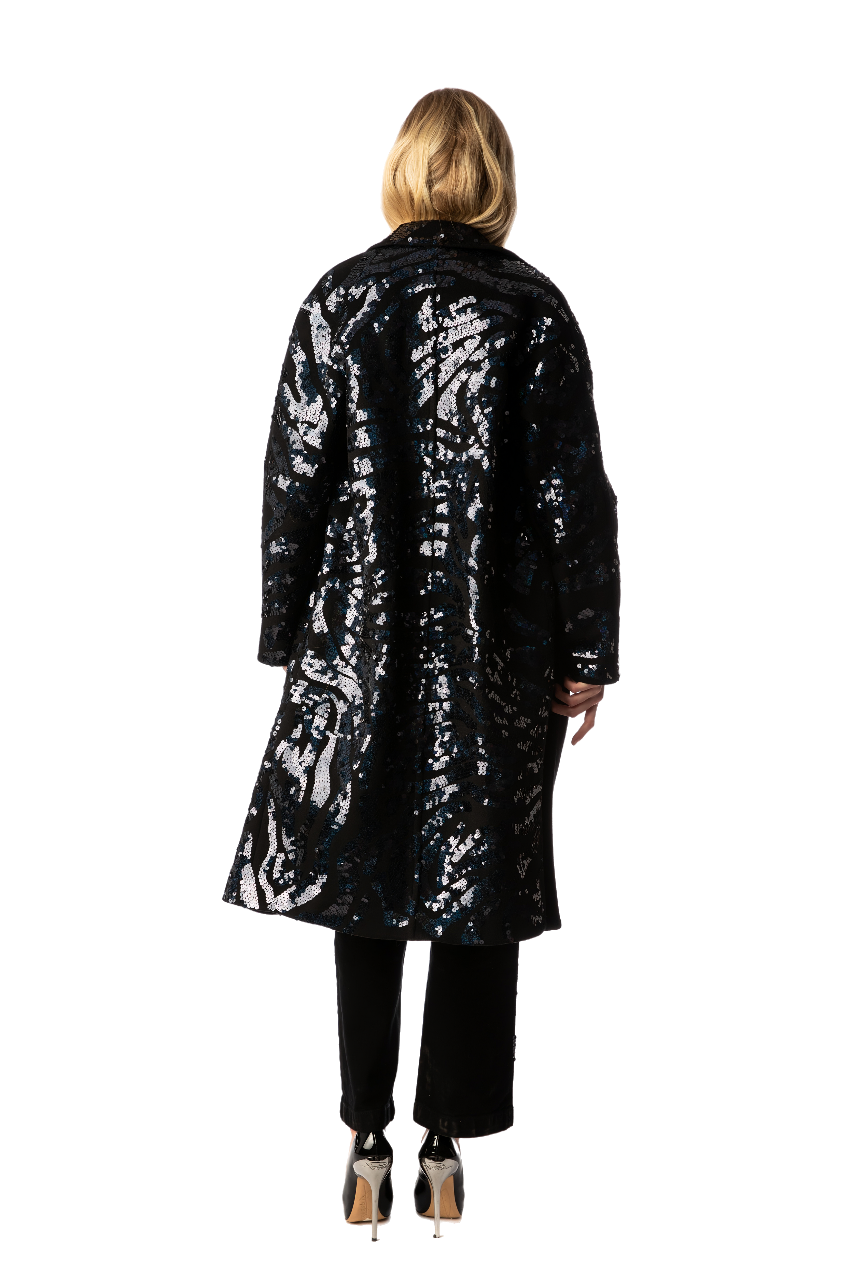 Indigo Sequin Zebra Wool Coat