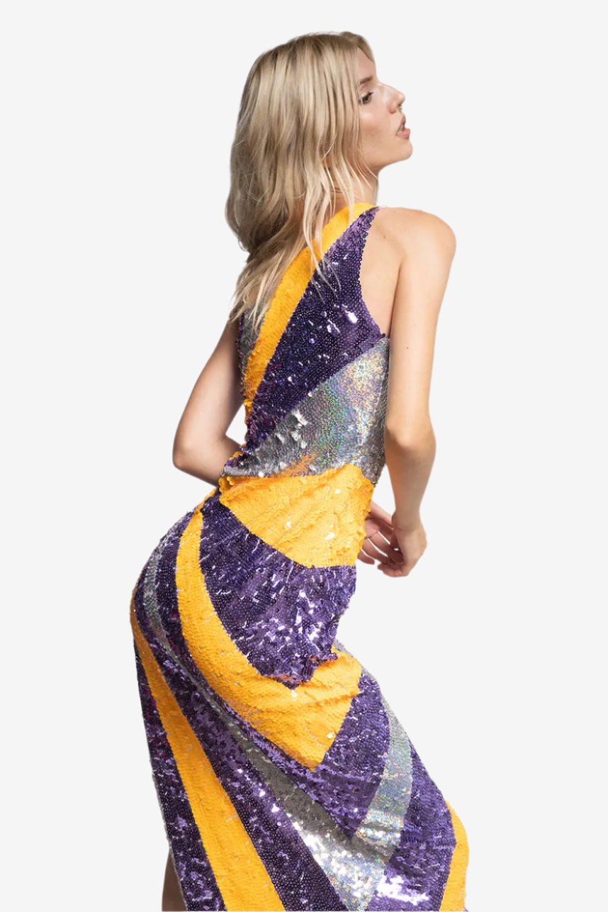 Purple Star Drop Shoulder Split Long Dress