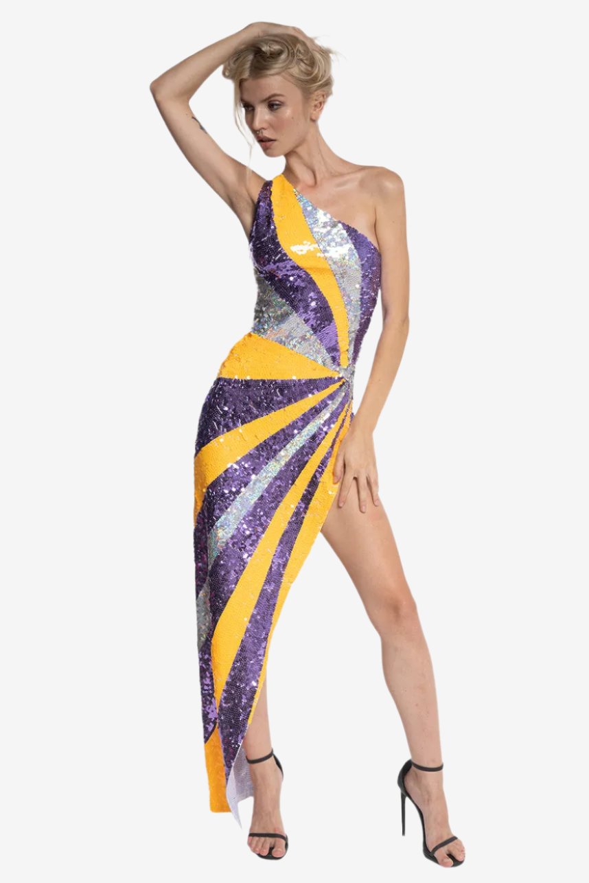 Purple Star Drop Shoulder Split Long Dress