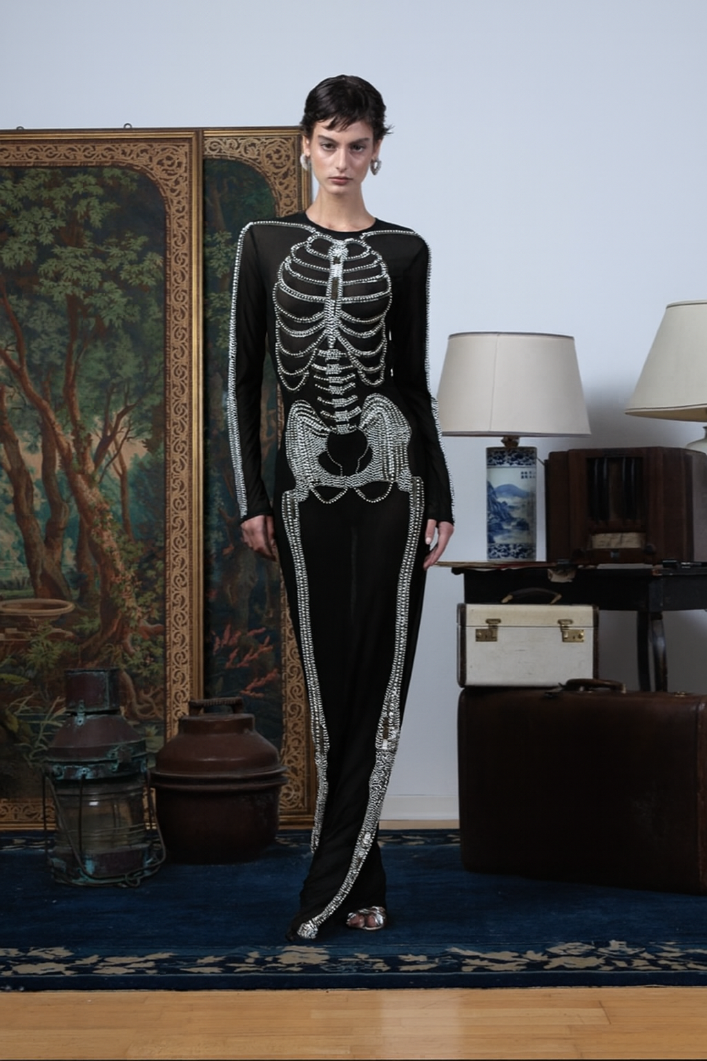 Full Sleeve Skeleton Black Net Dress XL