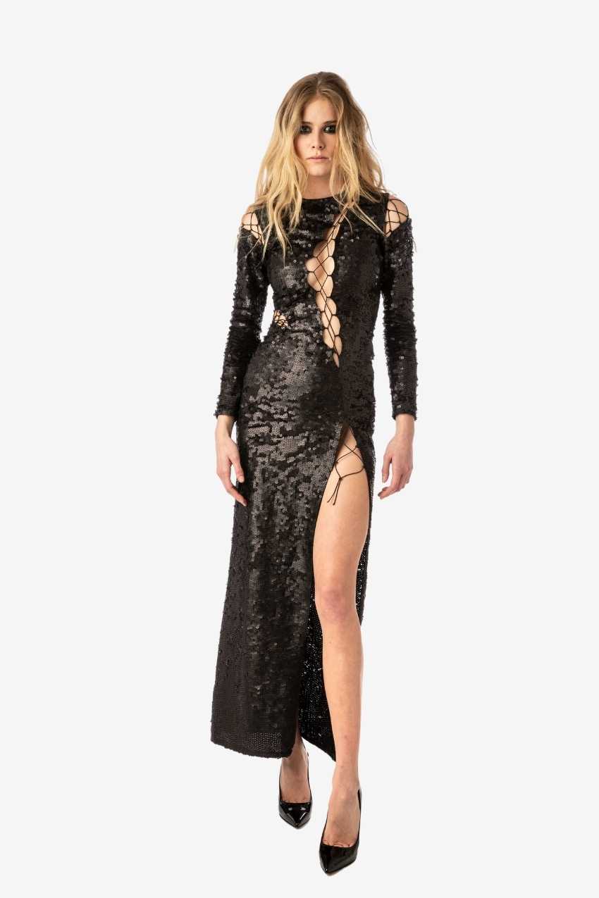 sequin split dress Black Open Back Sleeveless High Split Sequin Long Prom Dresses