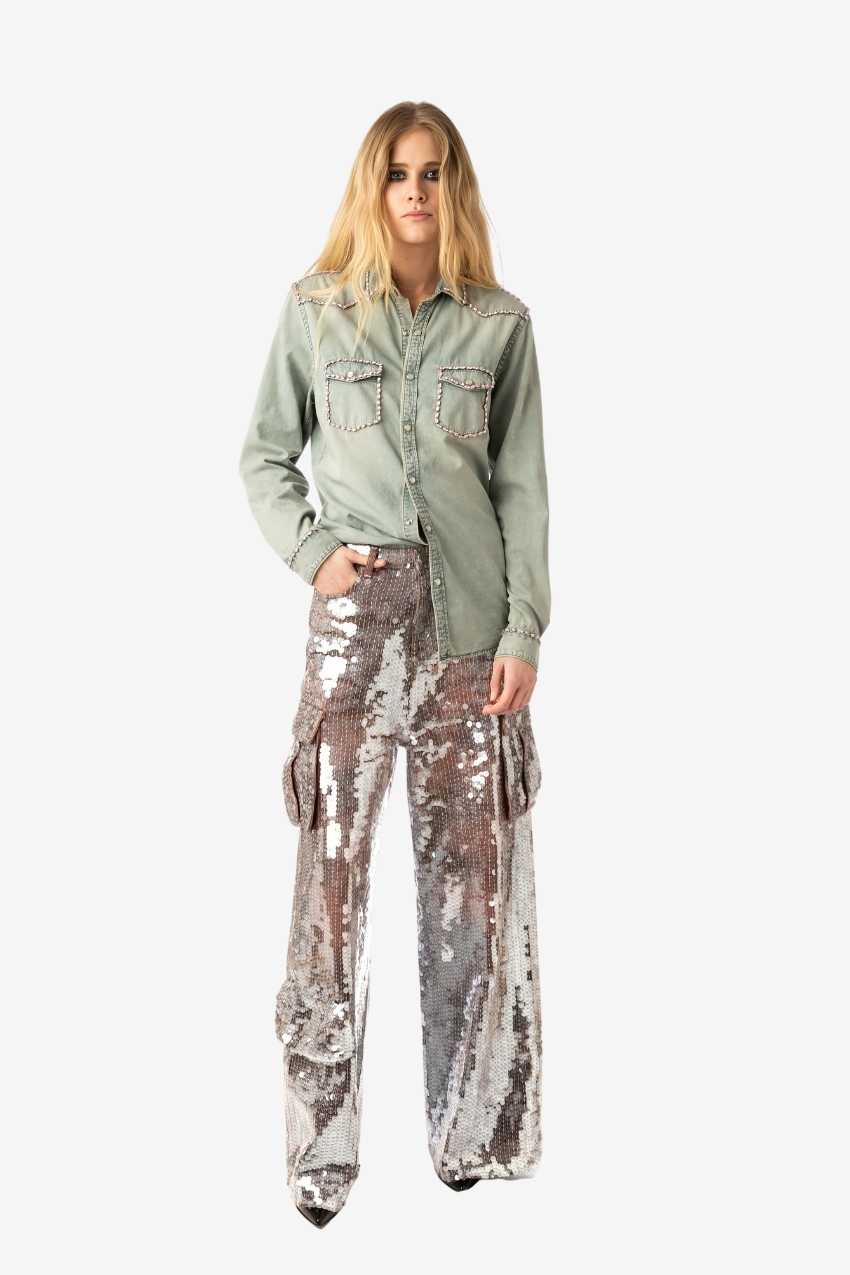 Full Sequin Wide Leg Cargo Denim Pants