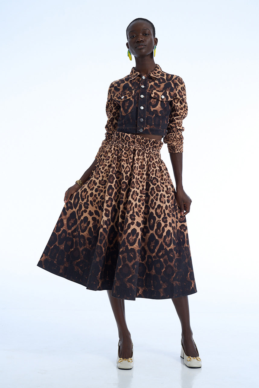 COTTON TWILL LEOPARD LONG SKIRT