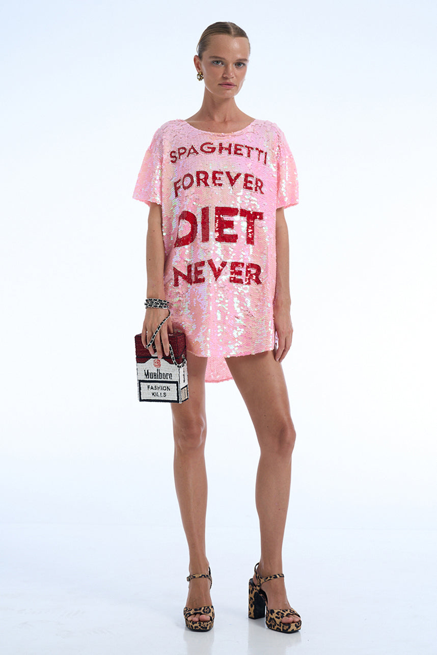 SPAGHETTI FOREVER DIET NEVER SEQUIN MAXI TEE DRESS