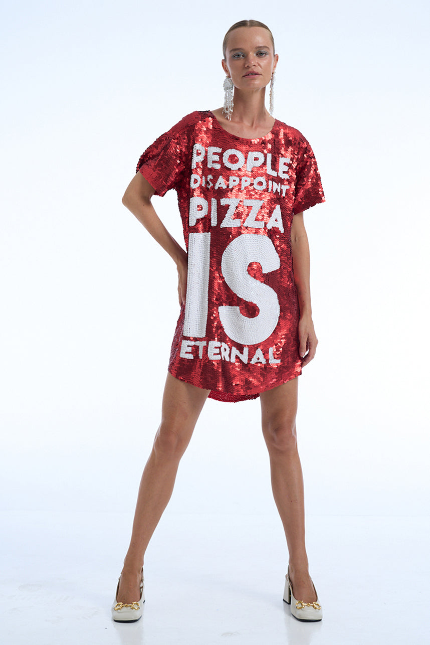PEOPLE DISAPPOINT PIZZA IS ENTERNAL SEQUIN MAXI TEE DRESS