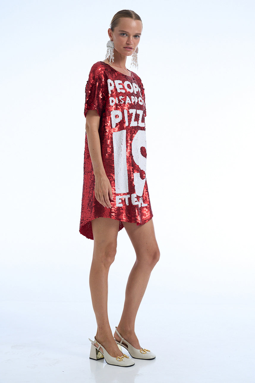 PEOPLE DISAPPOINT PIZZA IS ENTERNAL SEQUIN MAXI TEE DRESS