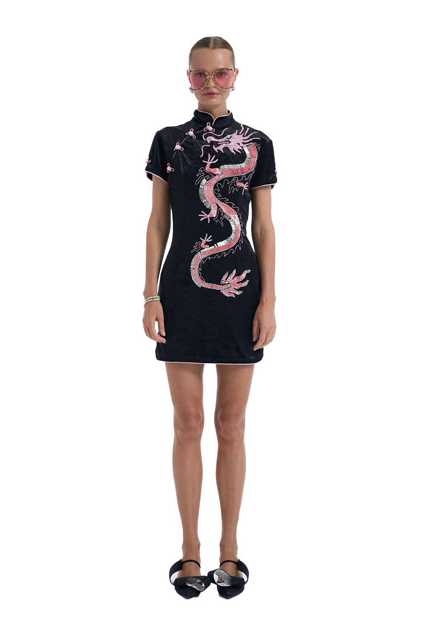 Pink Dragon Velvet Cheongsam Mini Dress