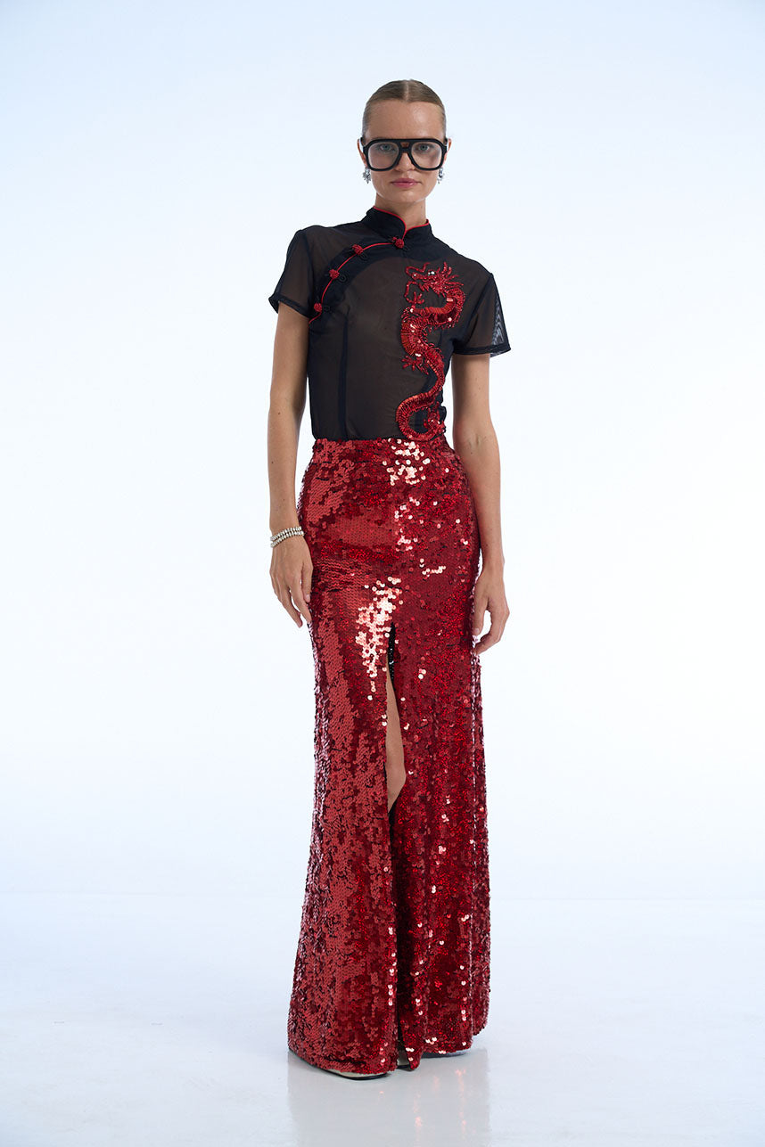 Red Dragon Net Cheongsam Top