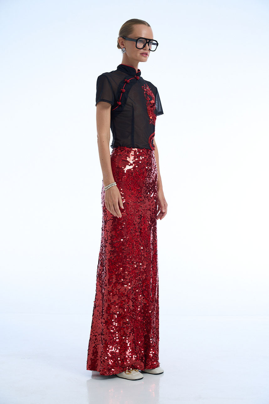 Red Dragon Net Cheongsam Top