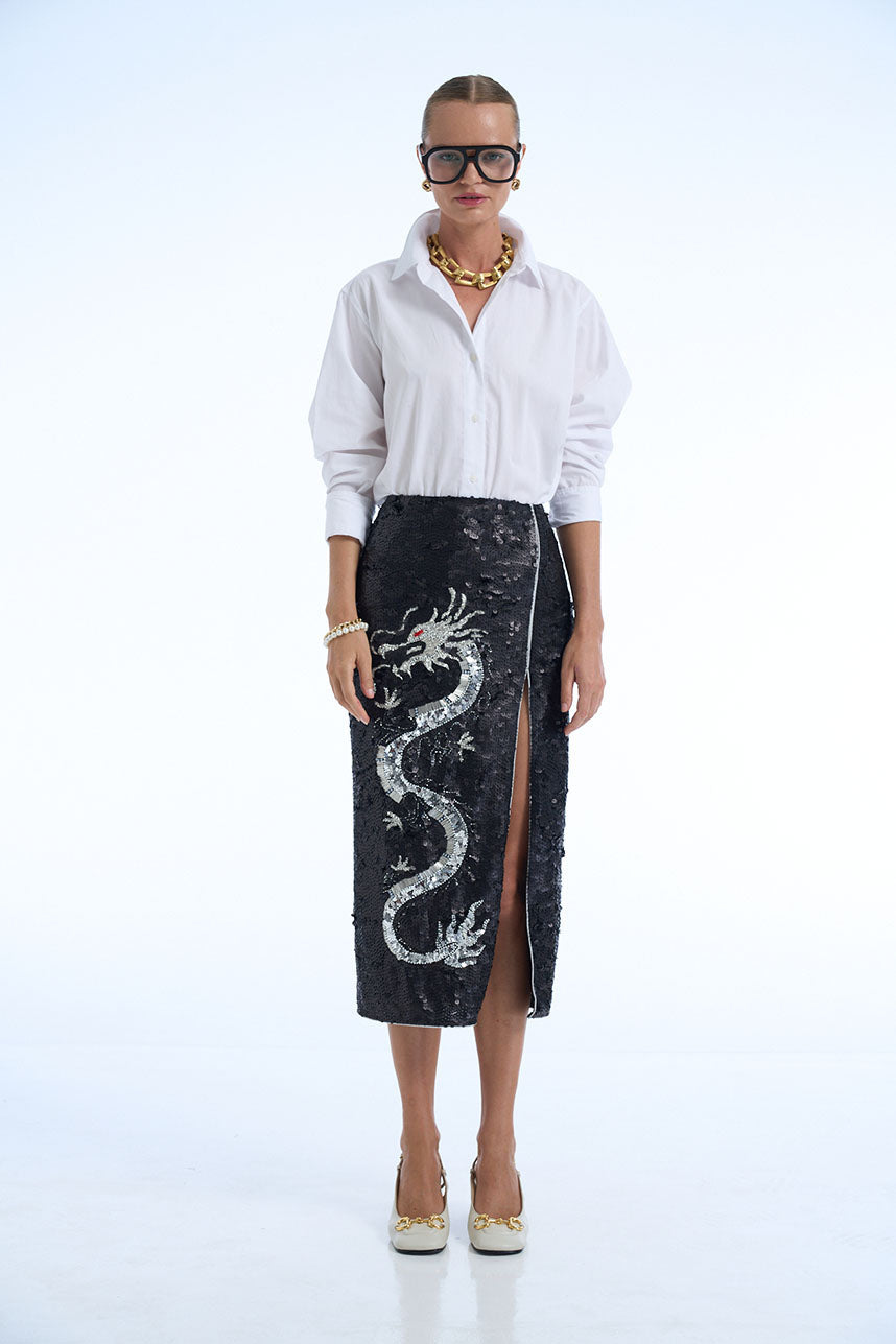 Silver Dragon Sequin Midi Skirt