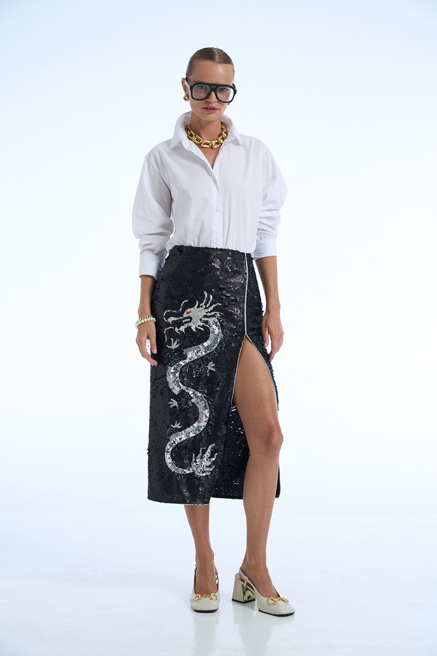 Silver Dragon Sequin Midi Skirt