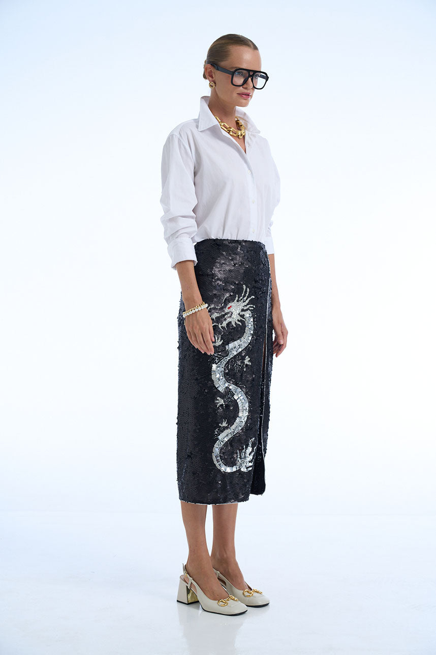 Silver Dragon Sequin Midi Skirt