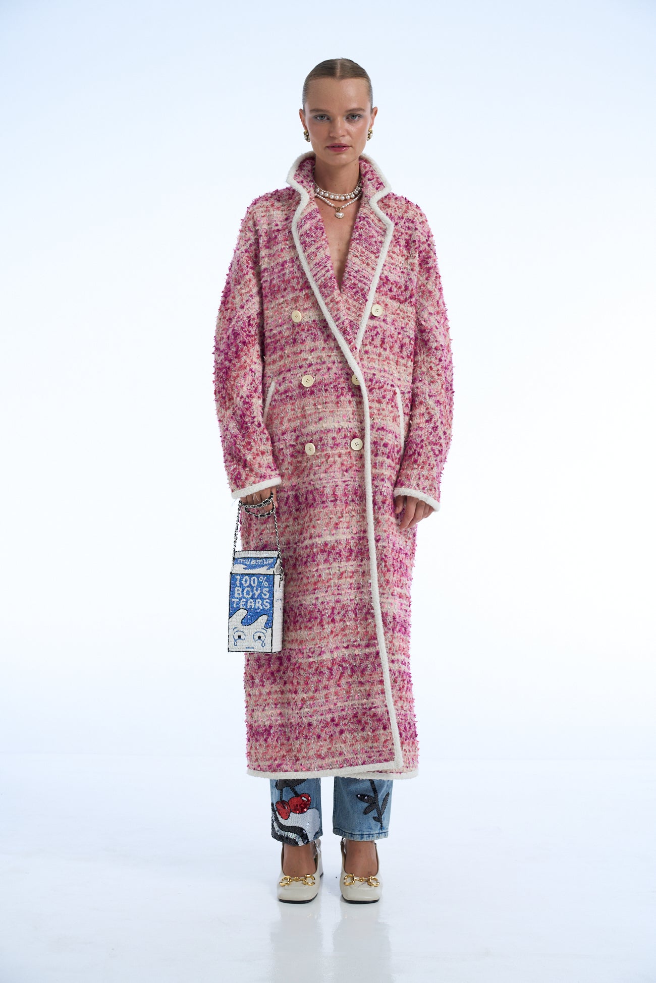 My Shaman Better Than Yours Wool Tweed Long Coat Pink