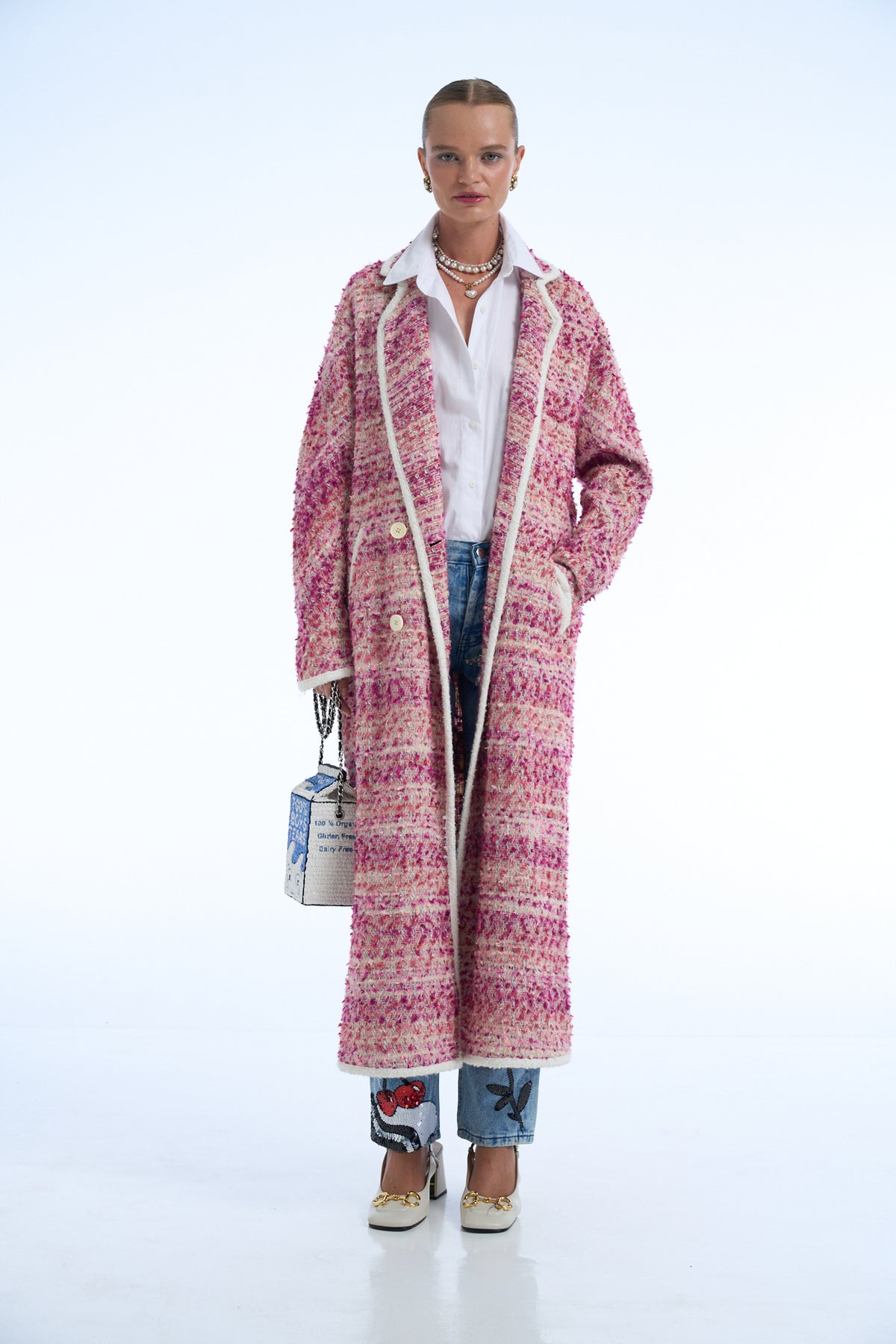 My Shaman Better Than Yours Wool Tweed Long Coat Pink