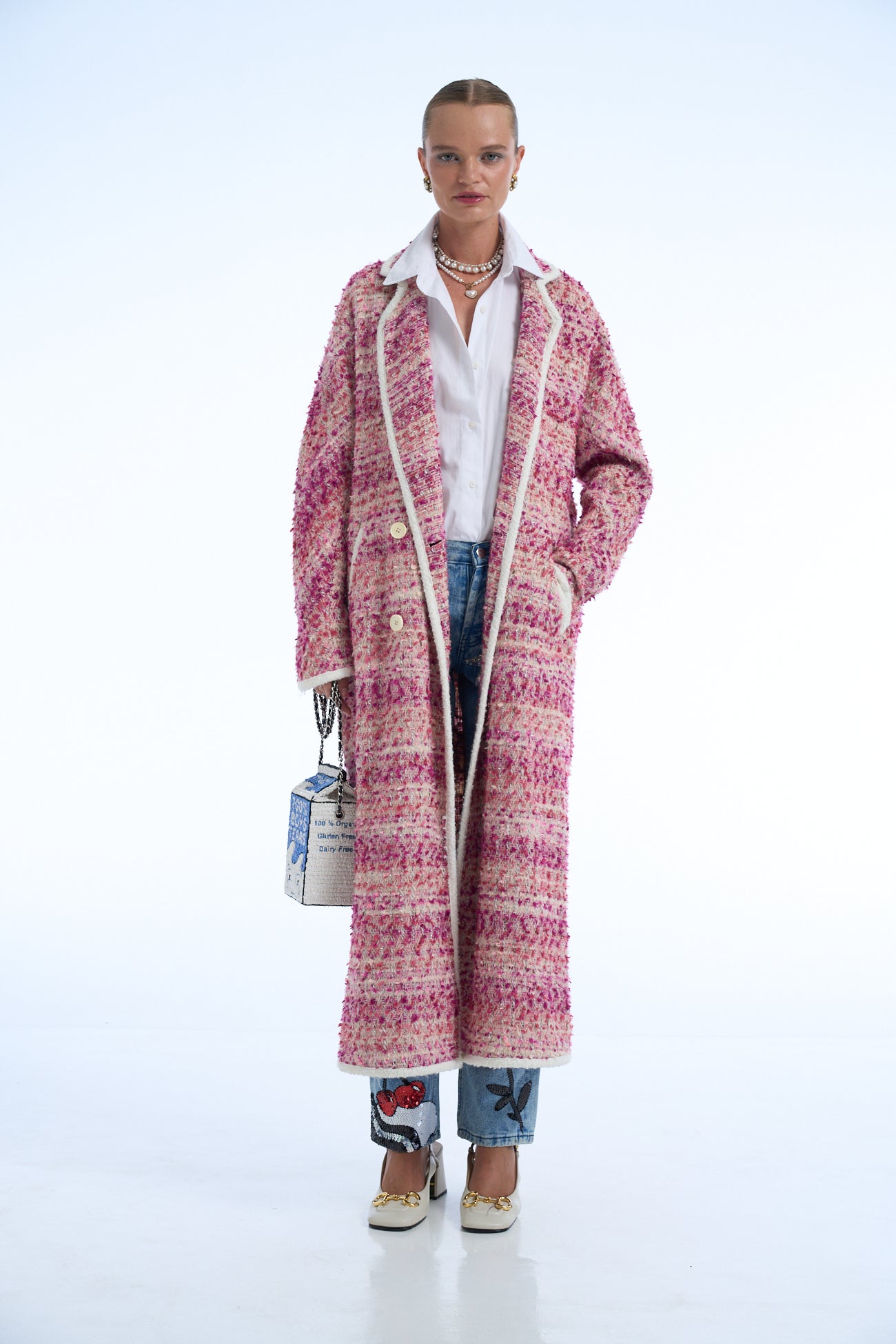 My Shaman Better Than Yours Wool Tweed Long Coat Pink