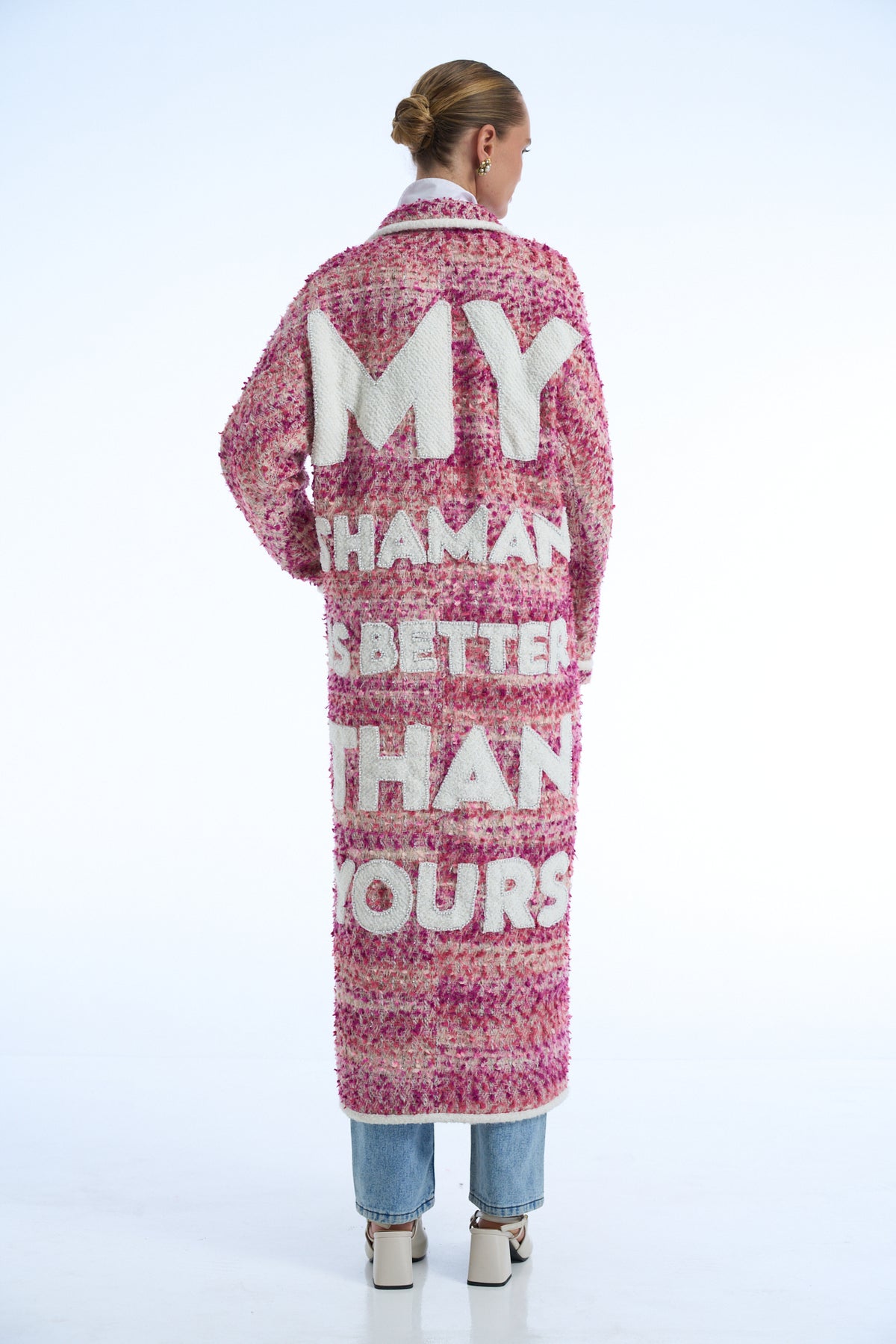 My Shaman Better Than Yours Wool Tweed Long Coat Pink