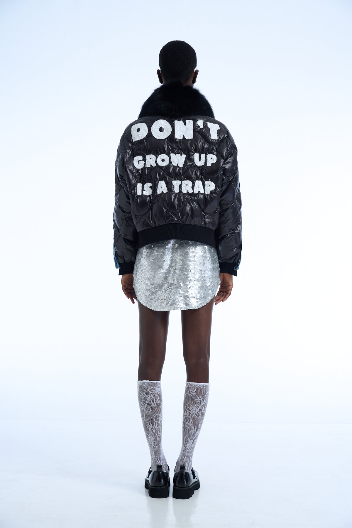 Don't Grow Up Is A Trap Denim Duvet Jacket Black