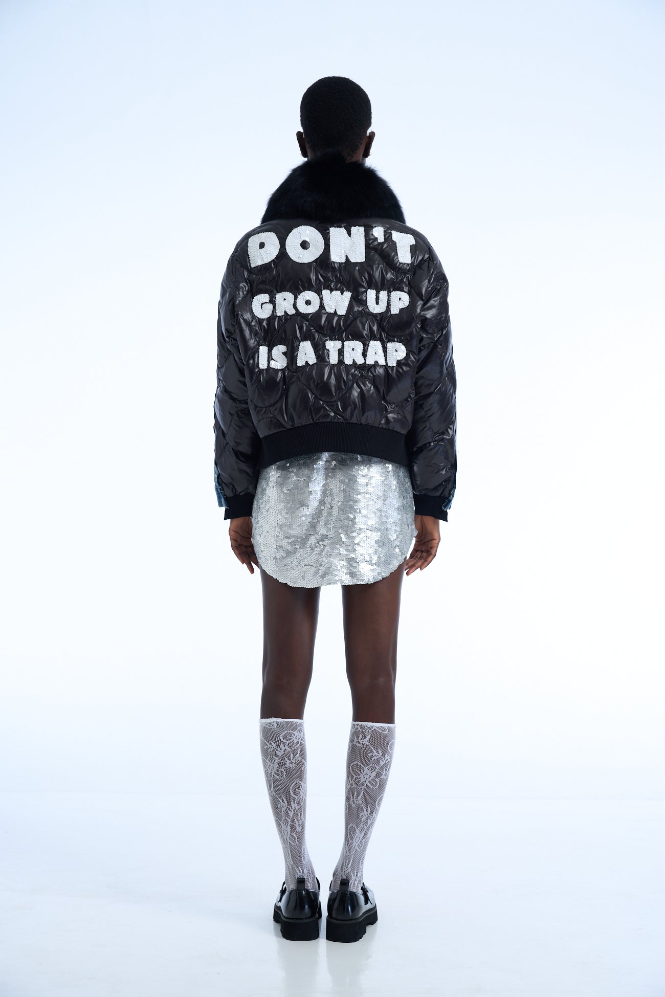 Don't Grow Up Is A Trap Denim Duvet Jacket Black