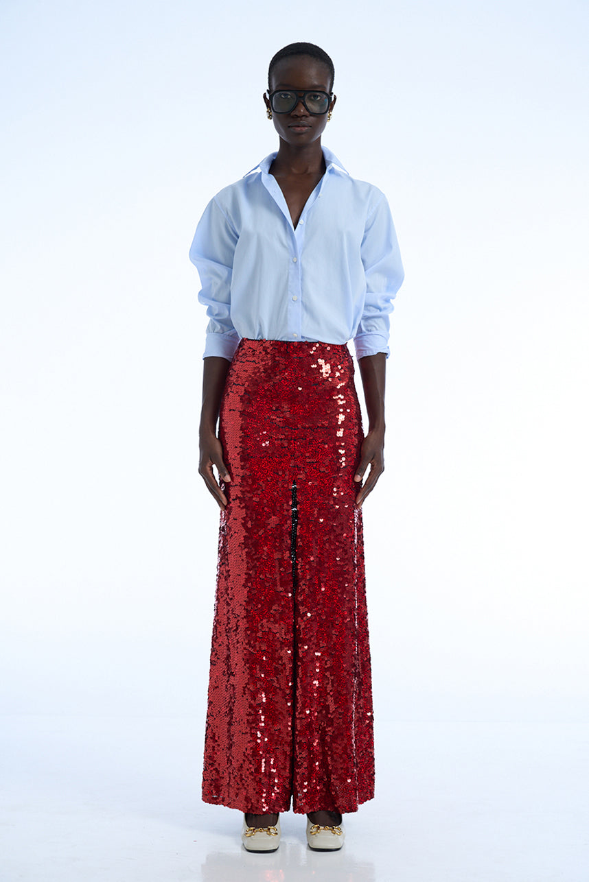 SEQUIN SPLIT LONG SKIRT IN RED