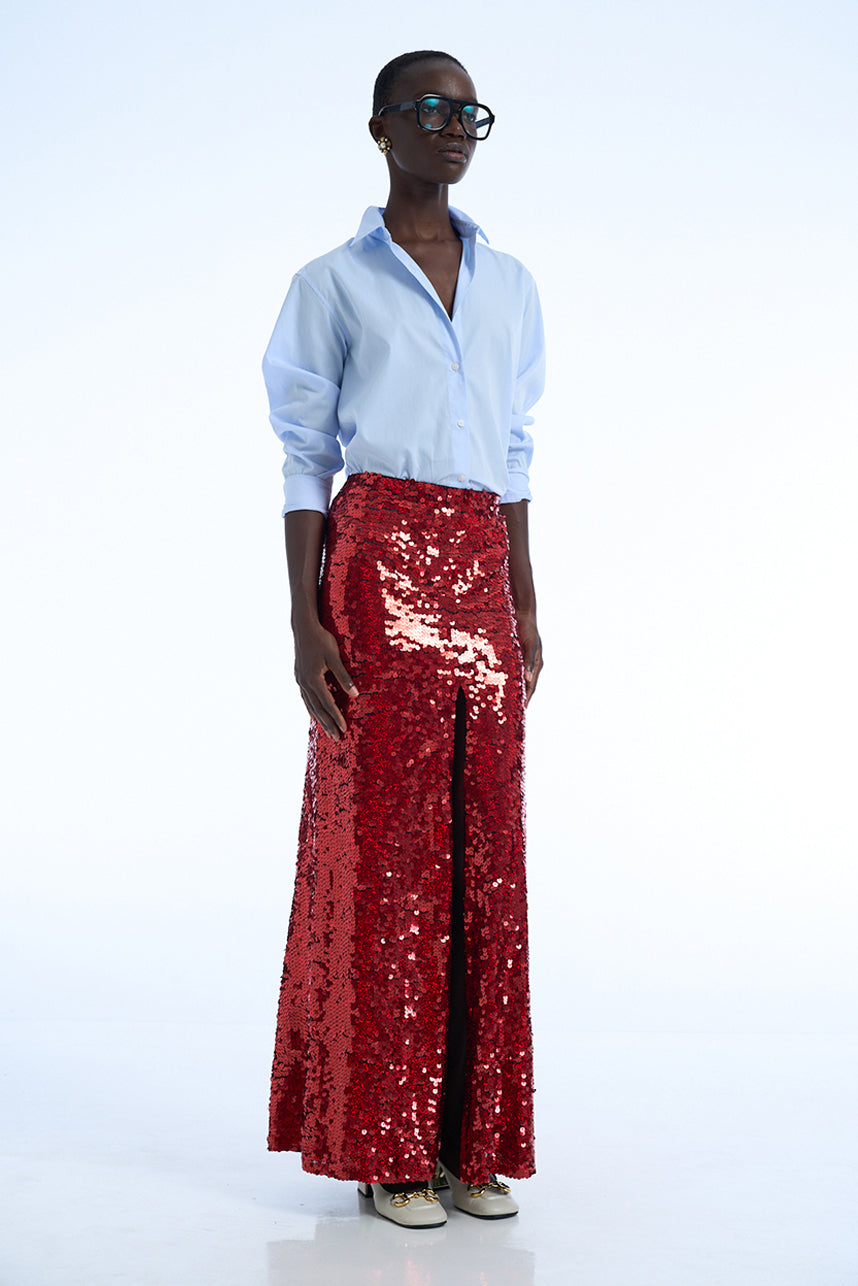 SEQUIN SPLIT LONG SKIRT IN RED