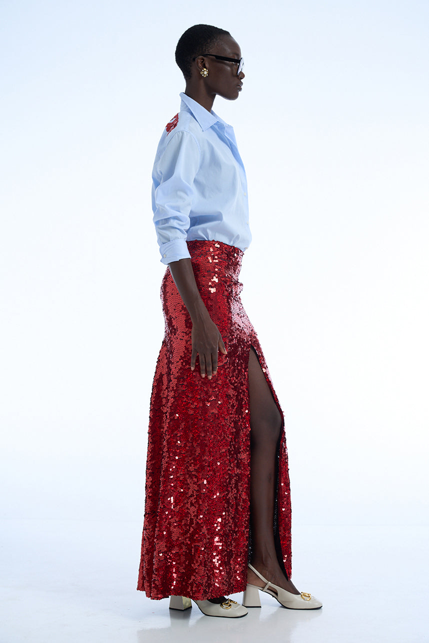 SEQUIN SPLIT LONG SKIRT IN RED