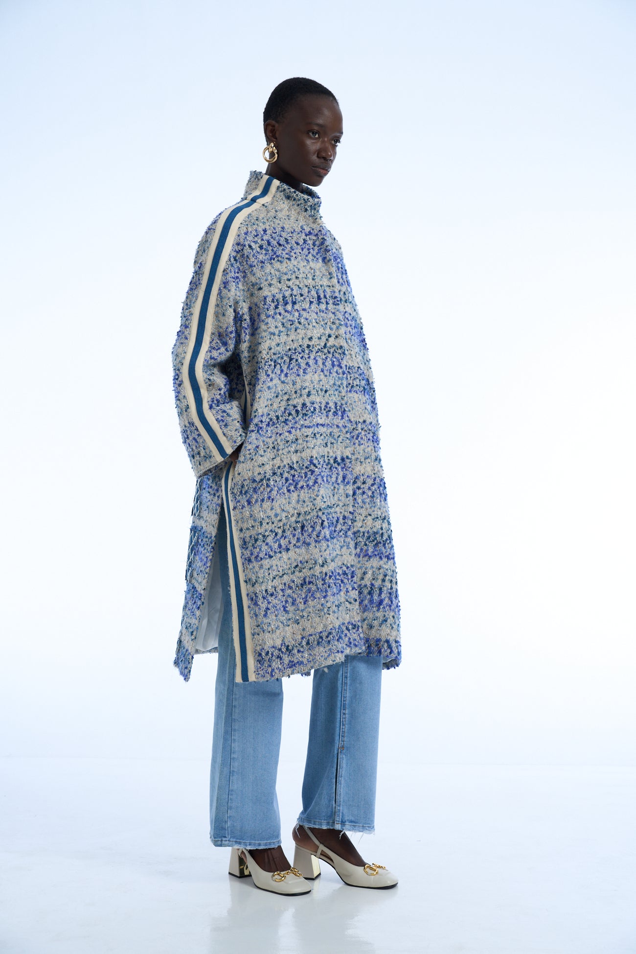 Being me is a full time job Wool Tweed Long Coat  blue