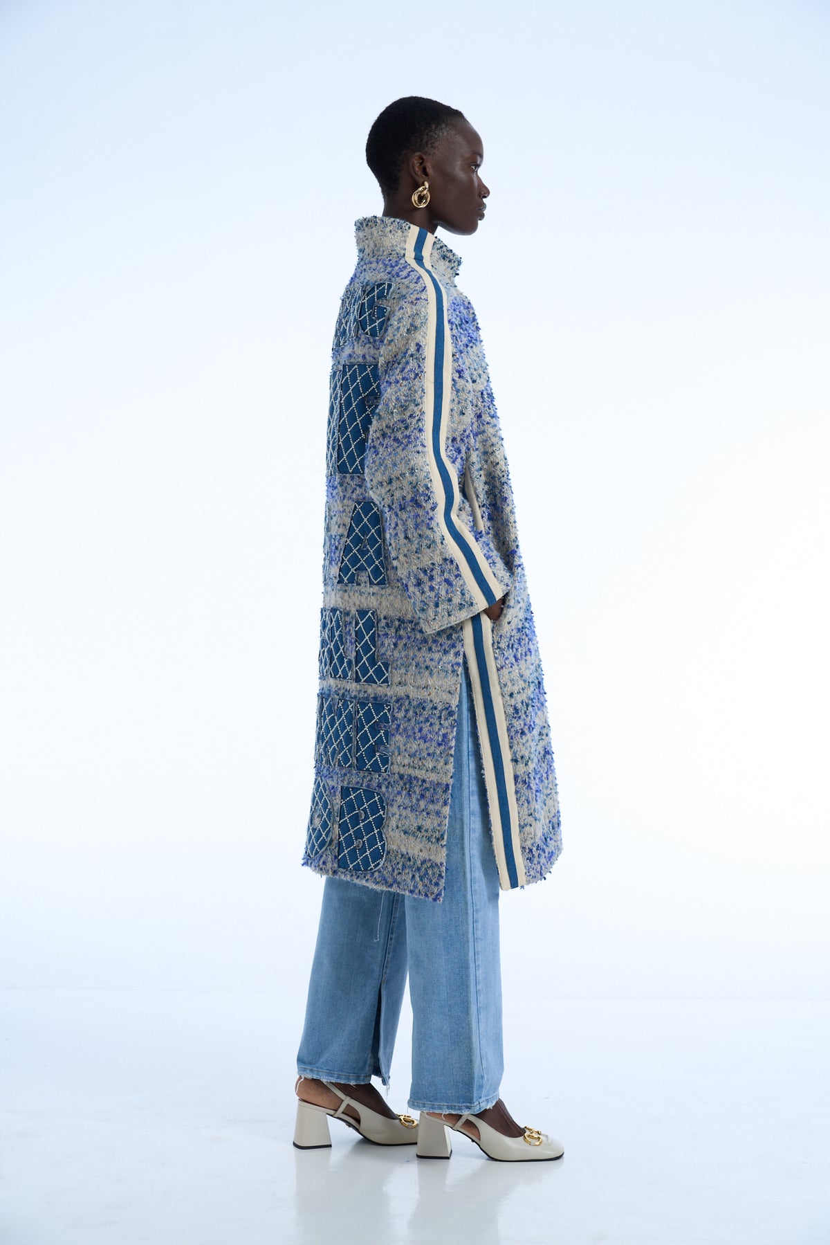 Being me is a full time job Wool Tweed Long Coat  blue