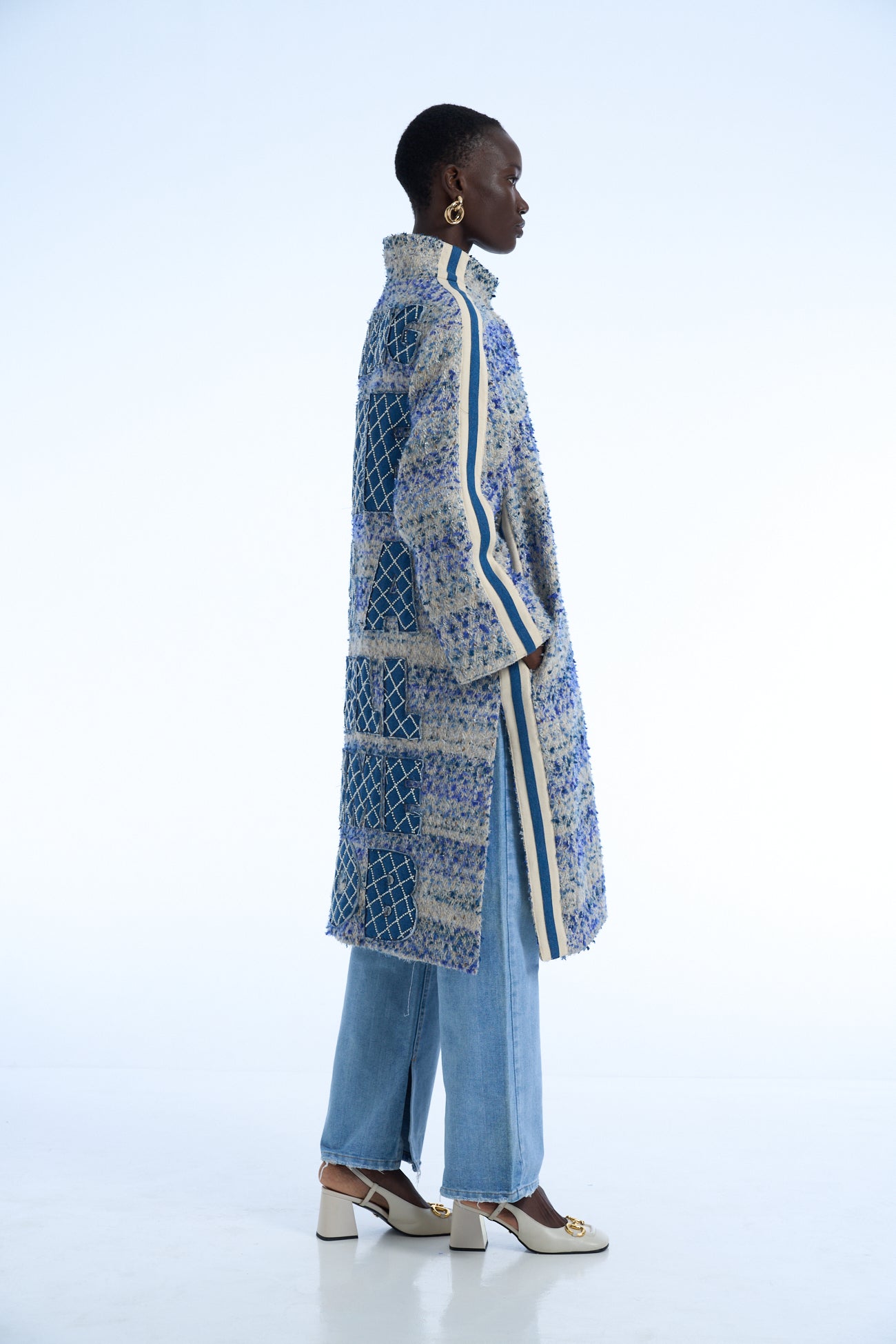 Being me is a full time job Wool Tweed Long Coat  blue