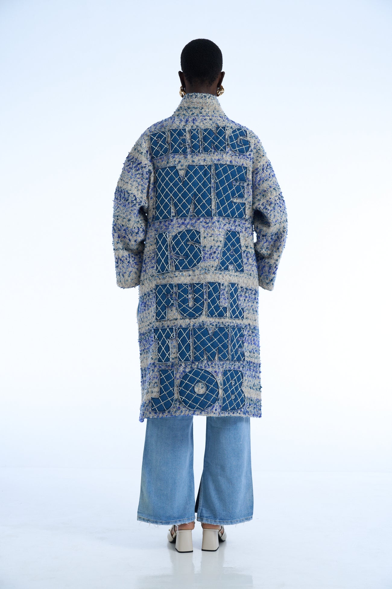 Being me is a full time job Wool Tweed Long Coat  blue