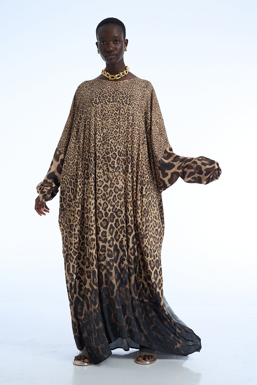 long sleeve kaftan maxi dress Leopard LONG SLEEVES KAFTAN M / Leopard Cotton Twill Print