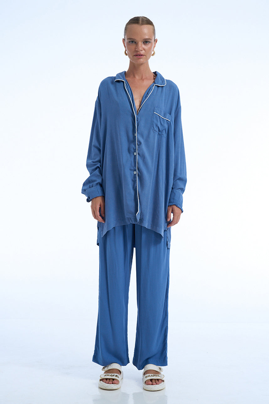 I DON'T GIVE A CHIC DENIM PRINT RAYON SATIN BIASA SHIRT AND PANTS SET